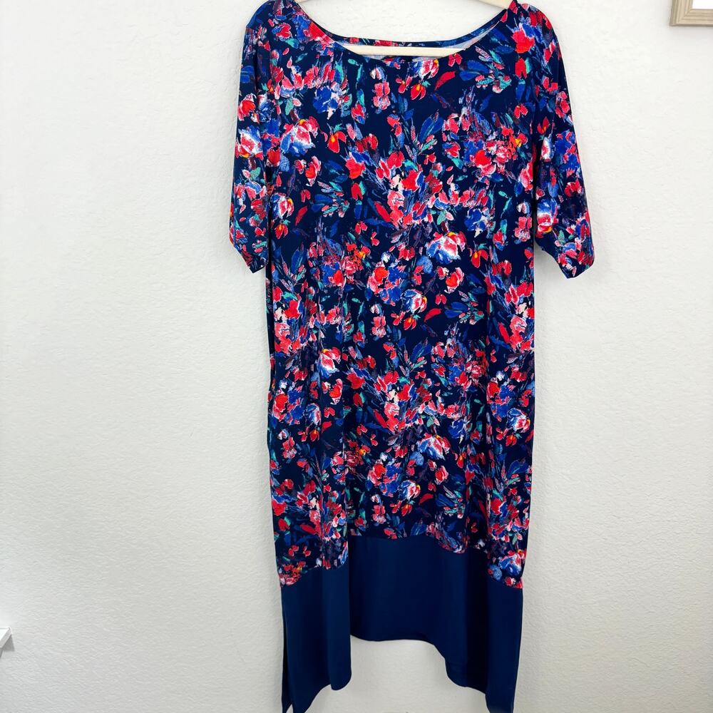 Cuddl Duds Womens Flexwear Dress Size L Rainbow Hem Lounge Casual Dress Blue
